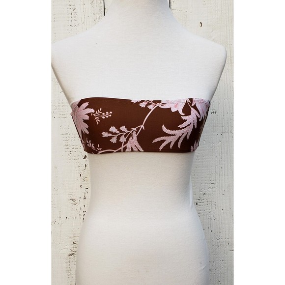 Vix by Paul Hermanny Bandeau Bikini Top Brown Pink Leaves Womens SZ Small  NEW - Picture 1 of 3
